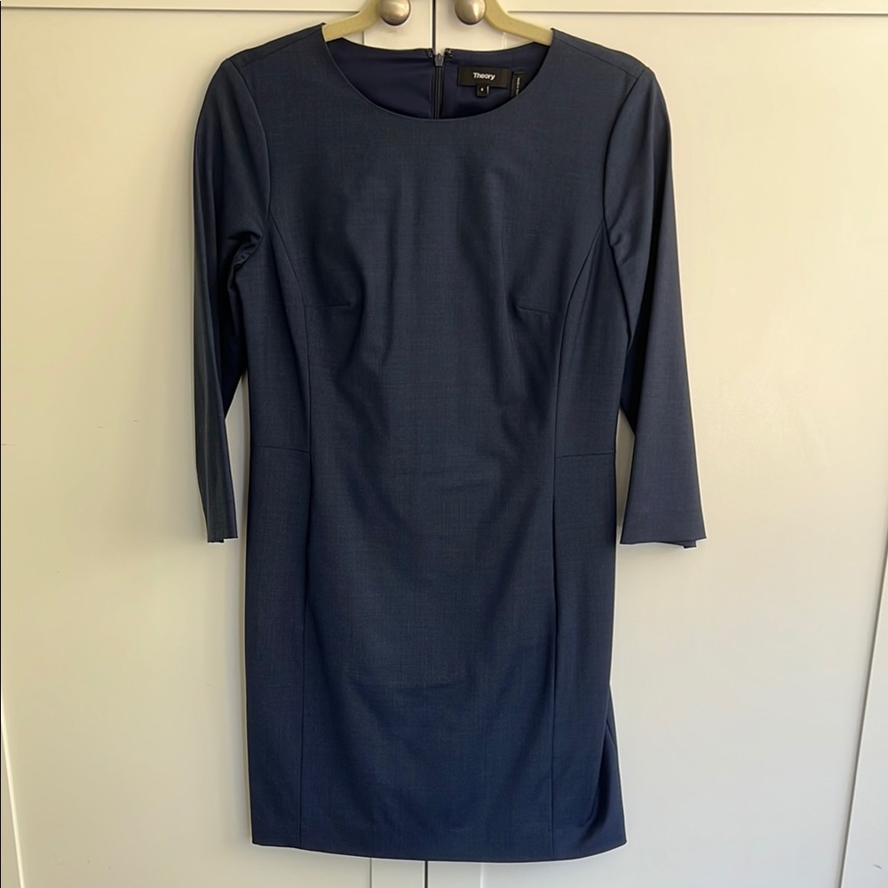 Theory Blue Sheath Dress 3/4 Sleeve Crew Neck